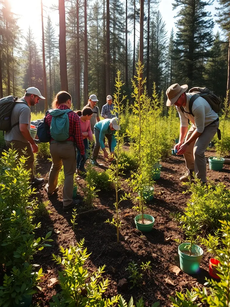 A photograph of volunteers planting native trees in a protected wetland area, showcasing the Conservatoire's reforestation efforts.
