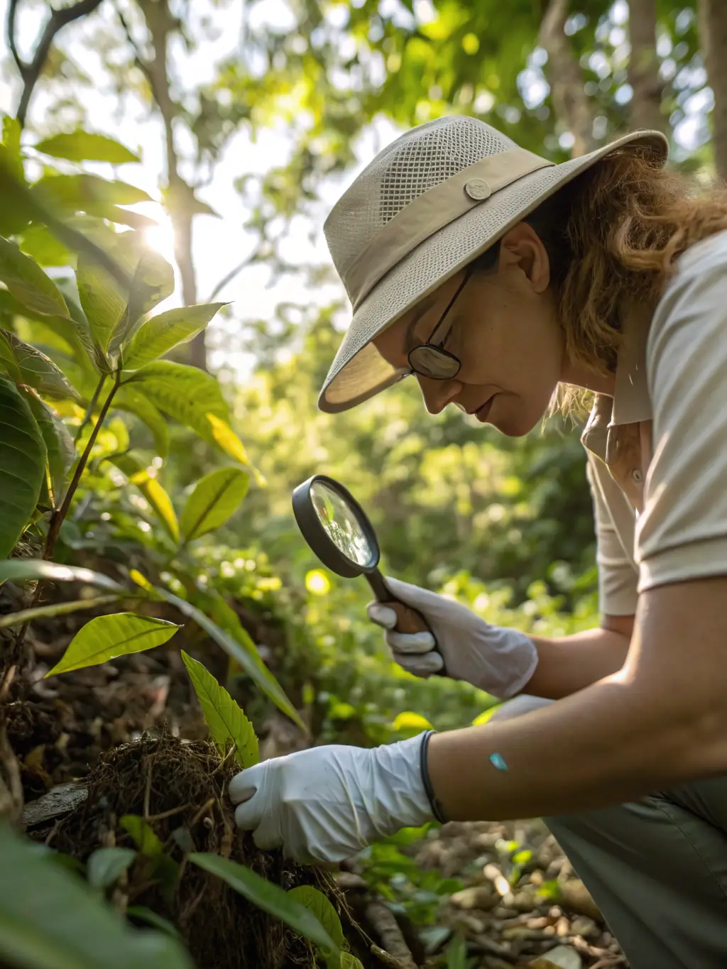A close-up shot of a rare plant species being carefully monitored and protected in its natural habitat, emphasizing the importance of species conservation.