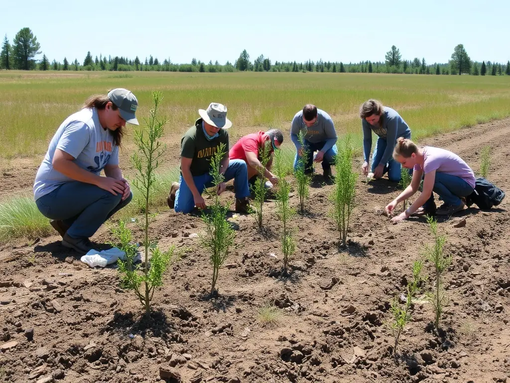 A group of volunteers planting trees in a restored wetland area, showcasing hands-on conservation efforts.