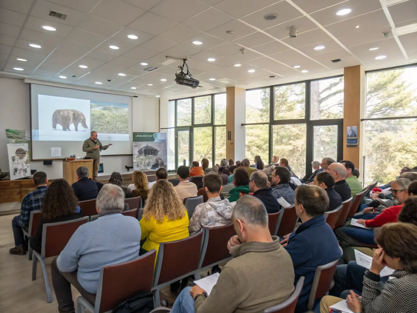 A diverse group of participants attending a workshop on biodiversity conservation, led by an expert from the Conservatoire.