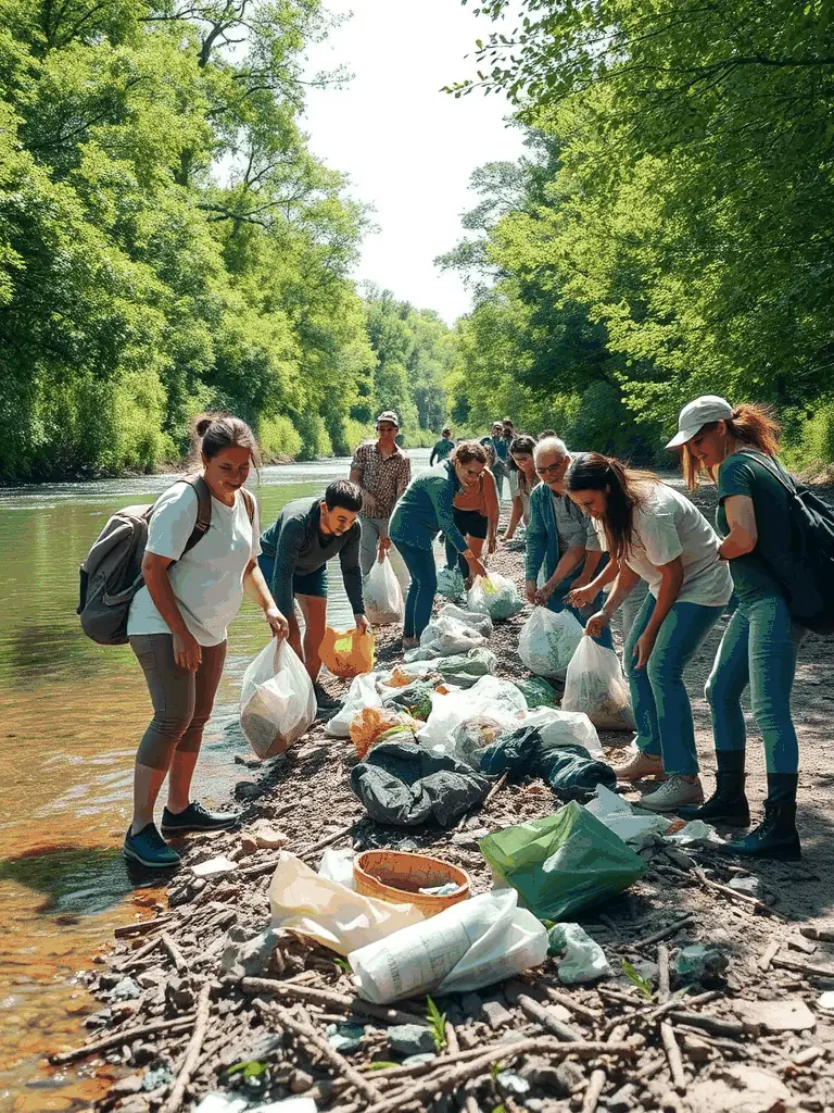 A picture of volunteers participating in a clean-up event at a local river, highlighting community involvement in environmental protection.