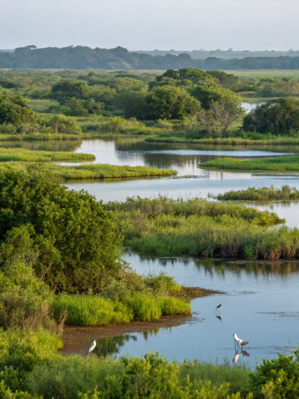 An image of a restored wetland area, teeming with diverse bird species and aquatic plants, illustrating the success of wetland restoration projects.