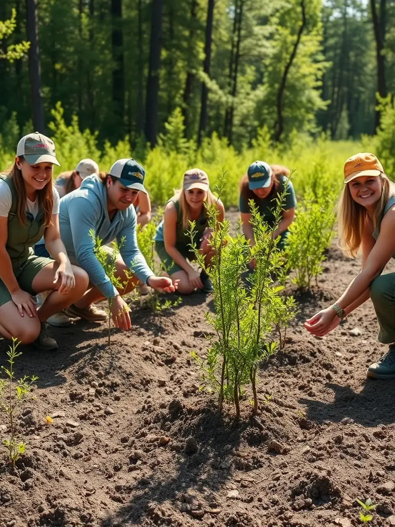 A photograph of a team of conservationists planting native trees in a deforested area within the Centre-Val de Loire region, showcasing reforestation efforts.