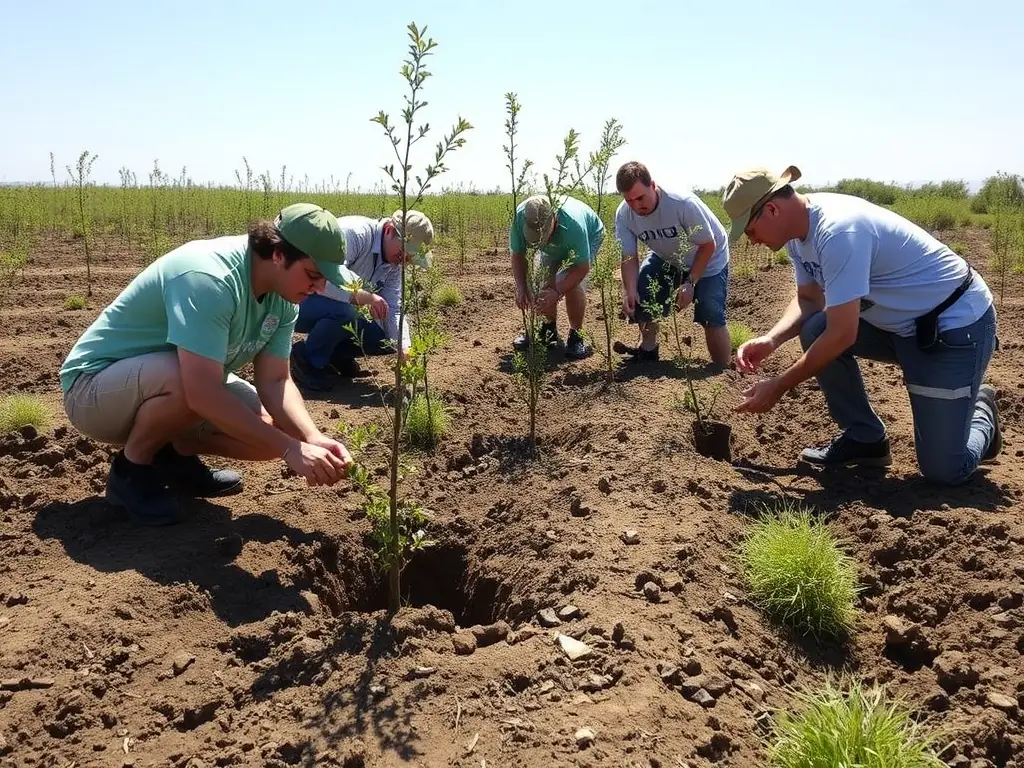 A vibrant image depicting a team of conservationists planting native trees in a restored wetland area, showcasing the organization's commitment to ecological restoration.